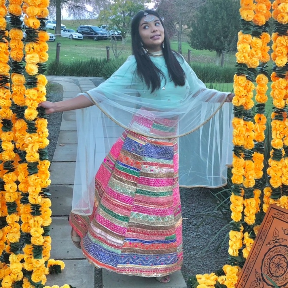 Pink and Blue Tiered A-Line Maxi Lehenga